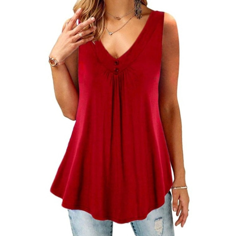 Solid V-Neck Pleated Button T-Shirt