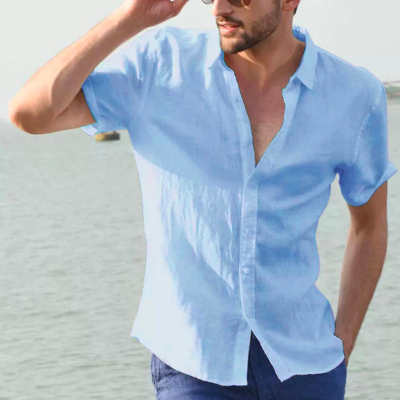 Linen Lapel Solid Color Short Sleeve Shirt