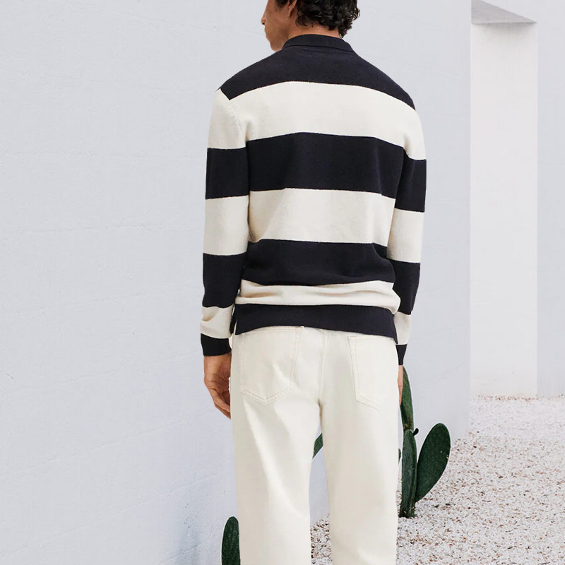 Lapel Half Button Contrast Striped Casual Pullover