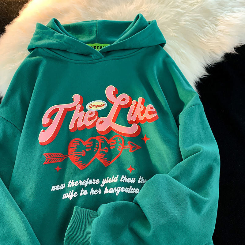 Vintage Heart Print Hooded Sweatshirt