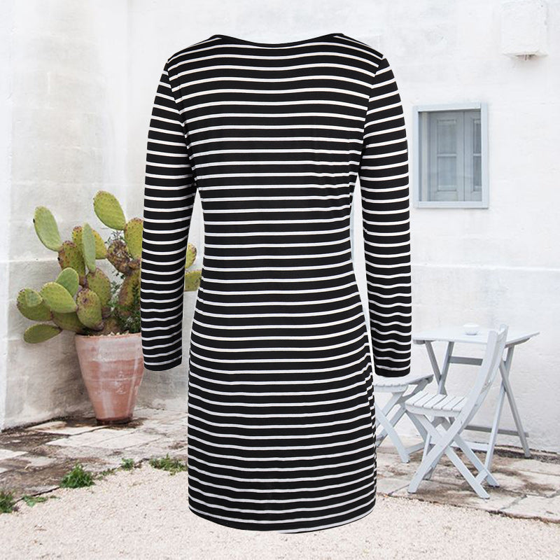 Cord Tie Striped Long Sleeve Dress