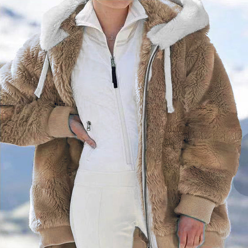 Women Loose plush zipper hooded jacket