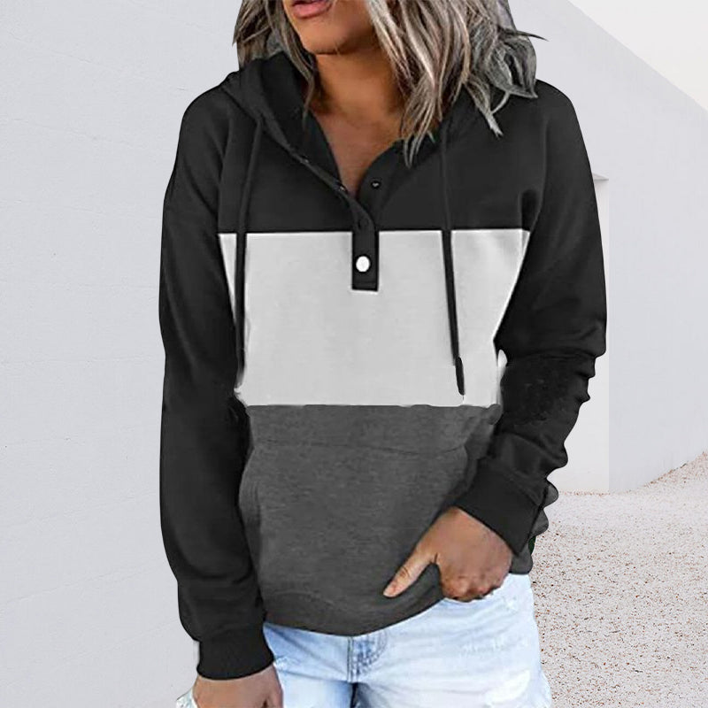 Ladies Colorblock Fleece V-Neck Hooded Drawstring Pullover Sweatshirt