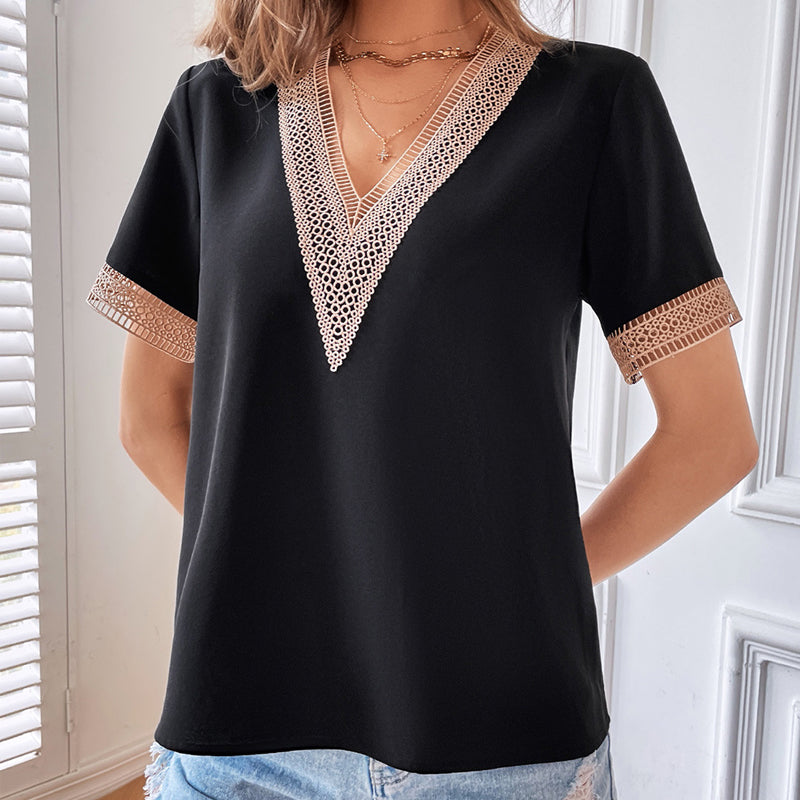 V-Neck Short Sleeve Lace T-Shirt