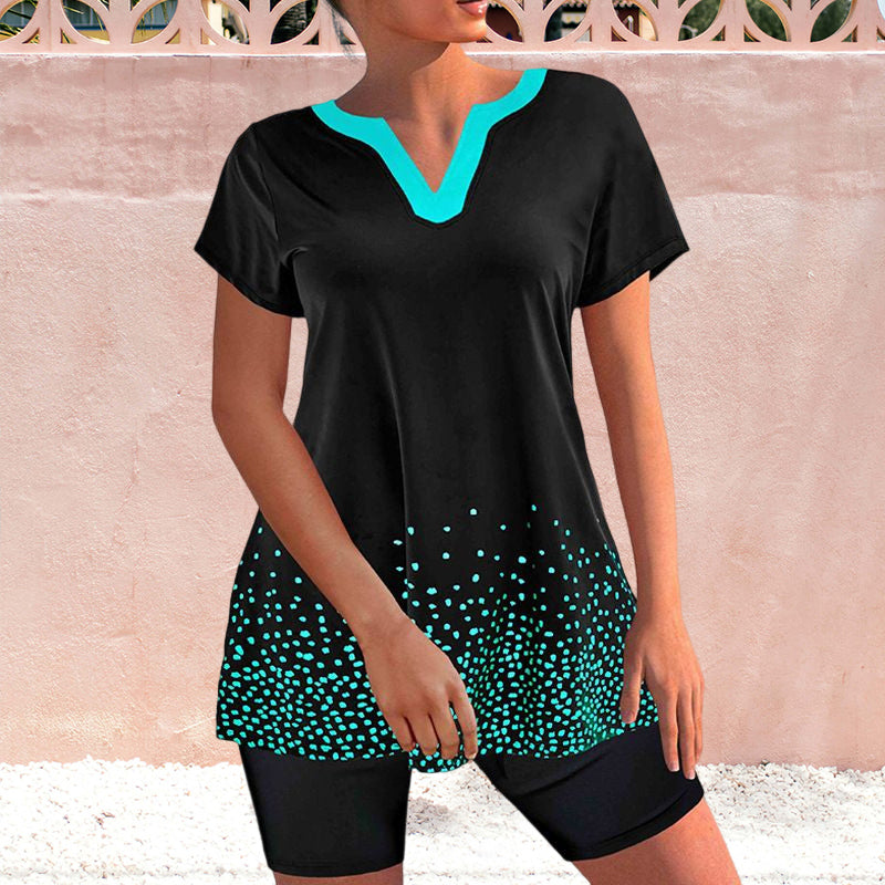 Conservative V Neck Polka Dot Swimsuit