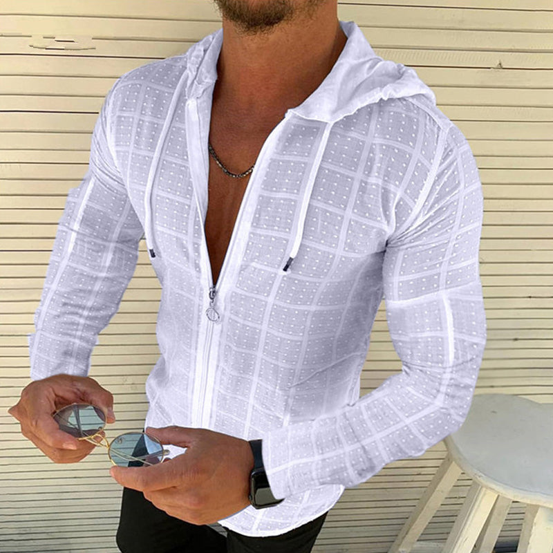 Casual Long-sleeved Shirt Hooded Fitting Cardigan Zipped Cardigan Shirt