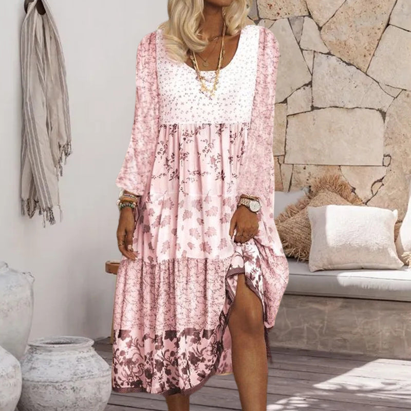 Casual Floral Print Short Sleeve Crew Neck Midi Dress