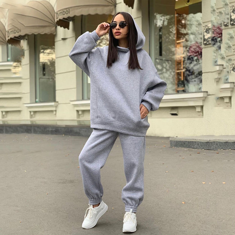 Women's Autumn/Winter Solid Color Hoodie Two Piece Set