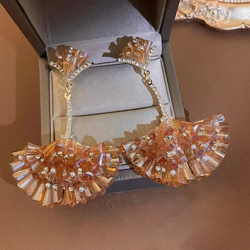 Diamond Encrusted Crystal Fan-Shaped Ginkgo Leaf Earrings