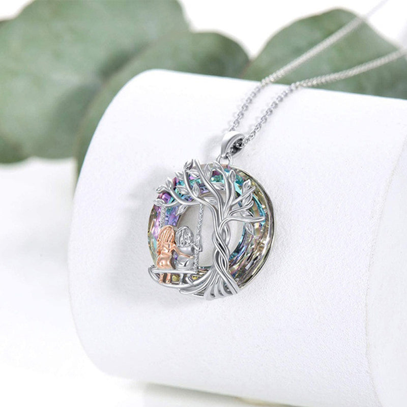 Tree of Life Sister on the Swing Crystal Pendant Necklace