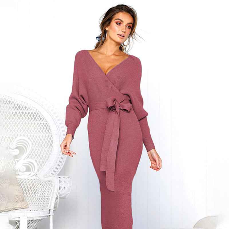 Elegant V-Neck Wrap Sweater Dress