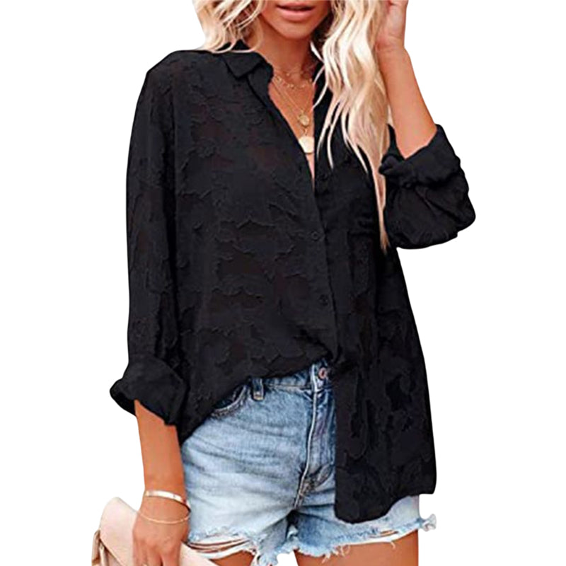 Solid Color Cutout Chiffon Jacquard Button Long Sleeve Shirt