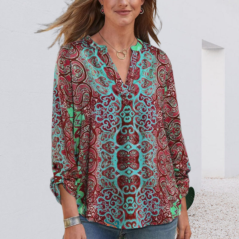 Printed Long Sleeve V Neck Casual T-Shirt