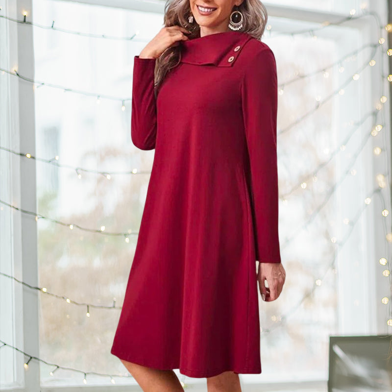 Solid Color Christmas Dress with Elegant Buttons