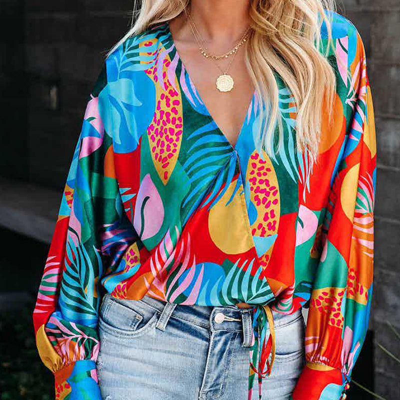 Printed V-Neck Long Sleeve Loose Casual Shirt