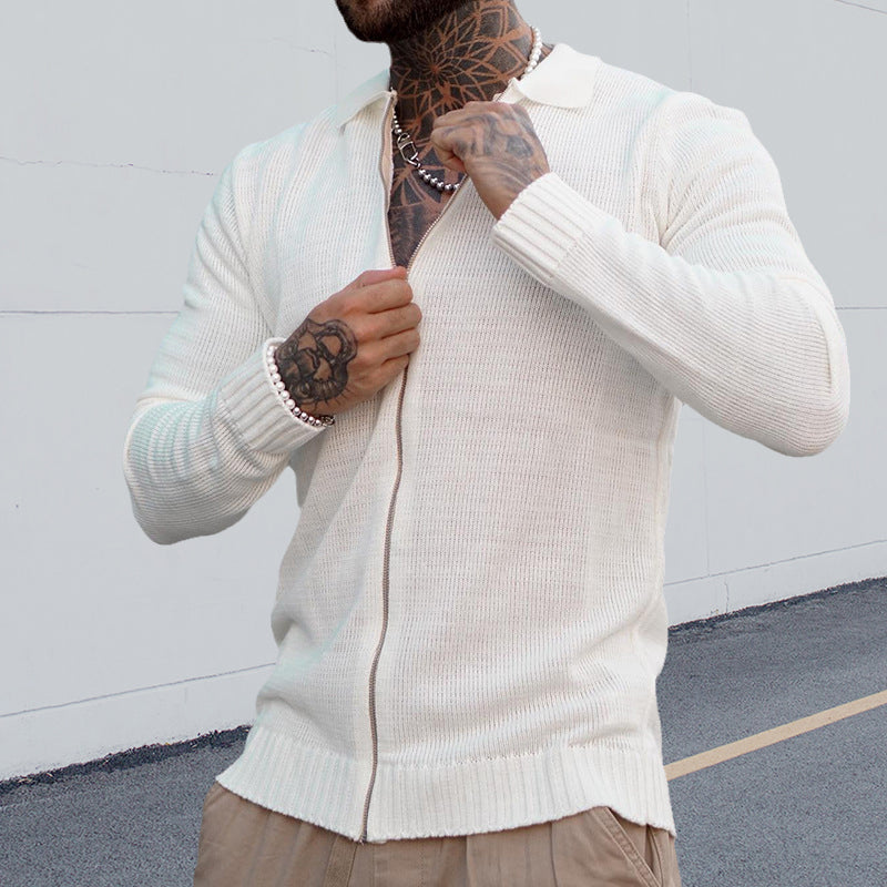 Men's White Long Sleeve Casual Fashion Zip Knit Sweater