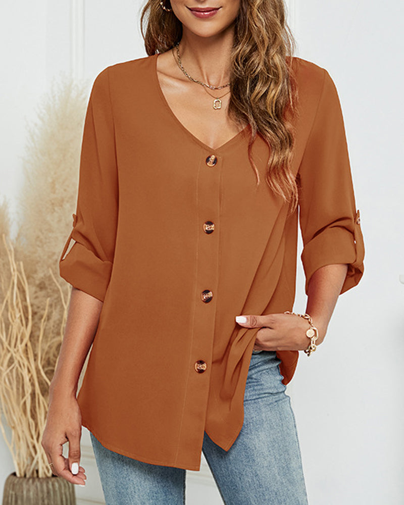 Solid V-Neck Button-Up Shirt