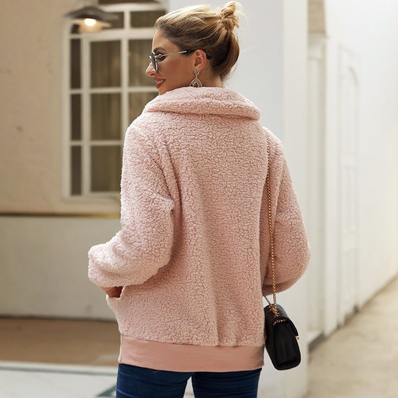 Lamb Fleece Asymmetric Lapel Pullover Solid Color Thickened Sweater