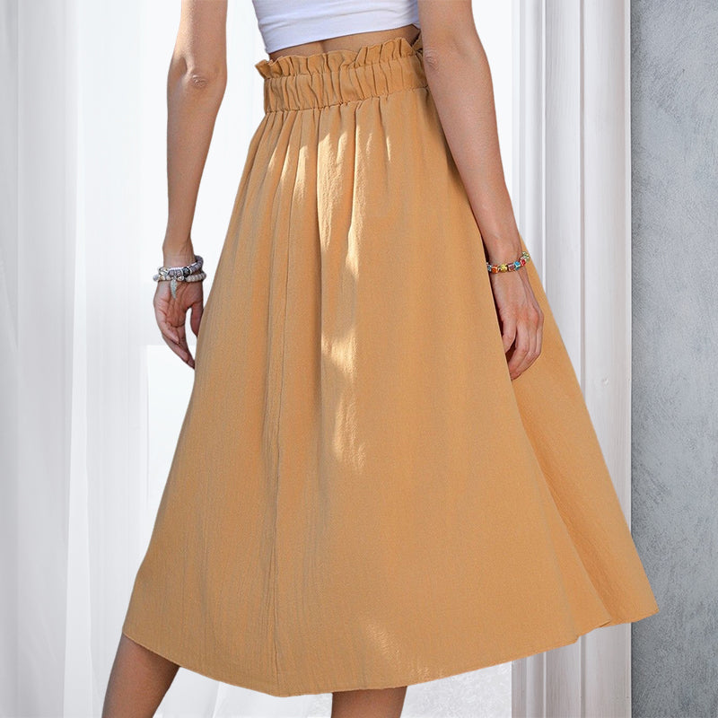 Women's Tie Knot Elastic Waist Button Front Elegant Midi Skirt