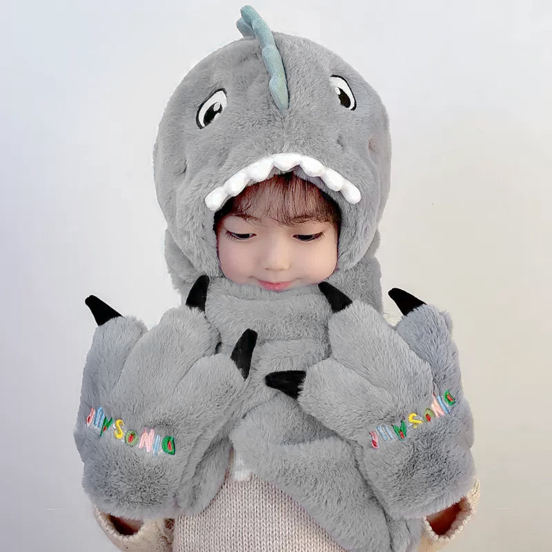 Toddler Kids Cartoon Dinosaur Fleece Plush Hat Gloves Scarf 3 in 1 Set