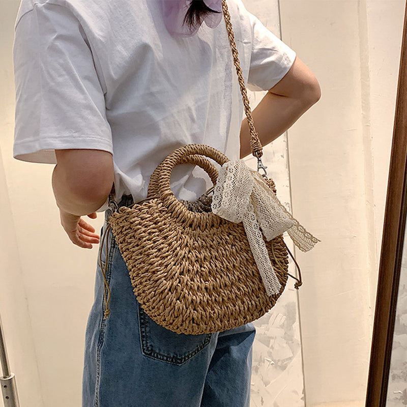 Fashion Ring Handle Straw Bag