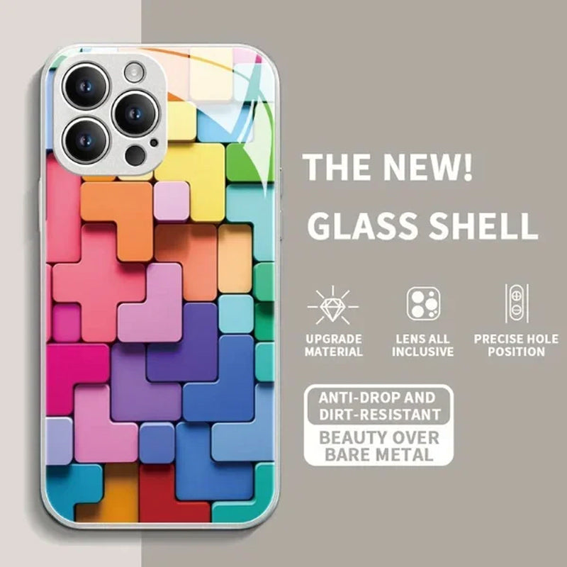 Flat 3D Square Pattern Glass Case Cover Compatible with iPhone