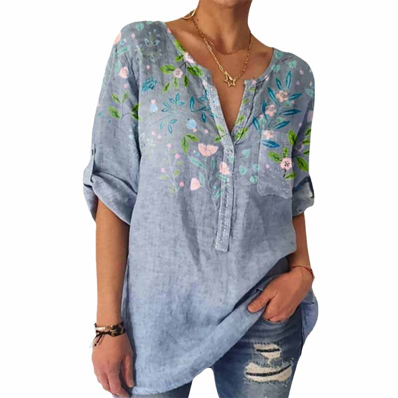 Loose Print V-Neck 3/4 Sleeve Shirt