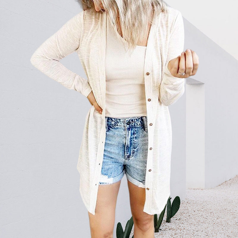 Button Solid Long Sleeve Cardigan