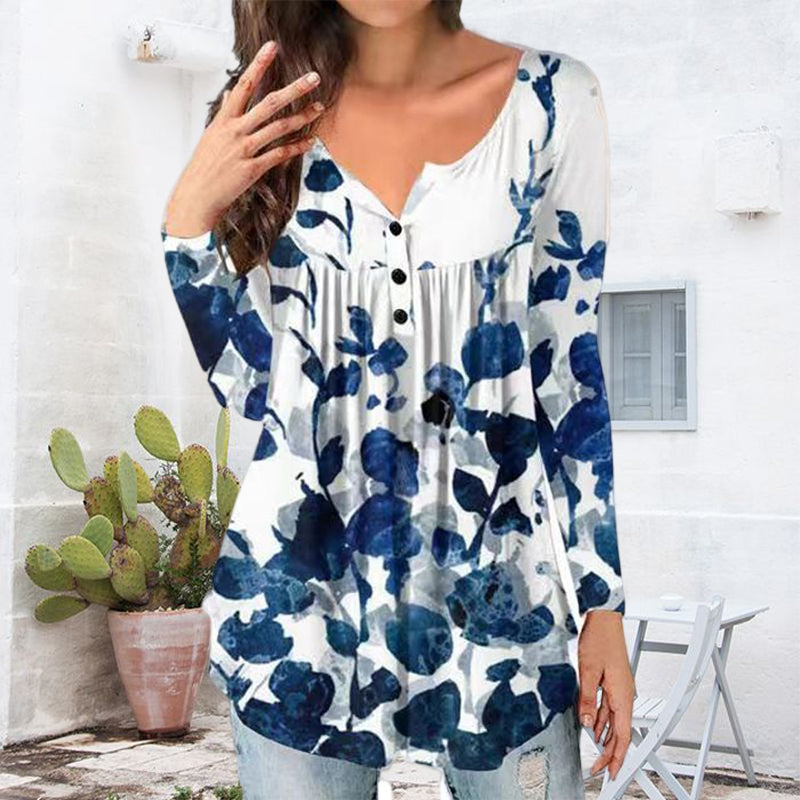 Printed Button Loose Long Sleeve T-Shirt