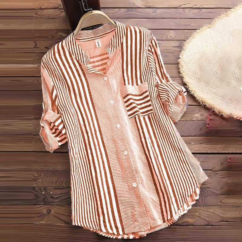 Stripe Print Stand Collar 3/4 Sleeves Blouse