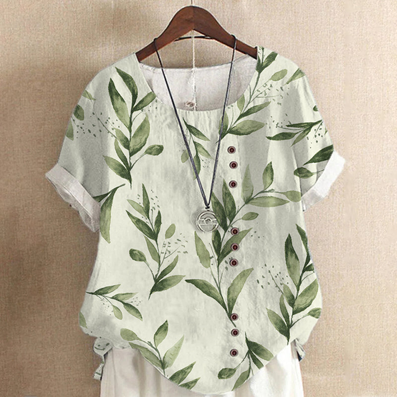 Women Cotton Linen Crew Neck Short Sleeve Tunic