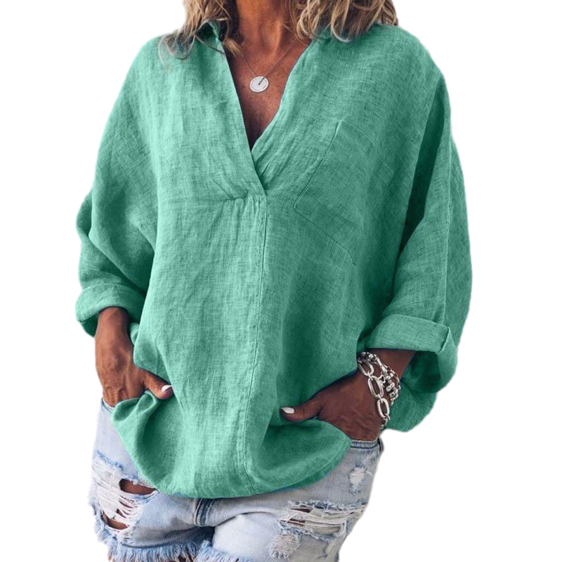 Oversized Loose Long Sleeve V-Neck Linen Shirt