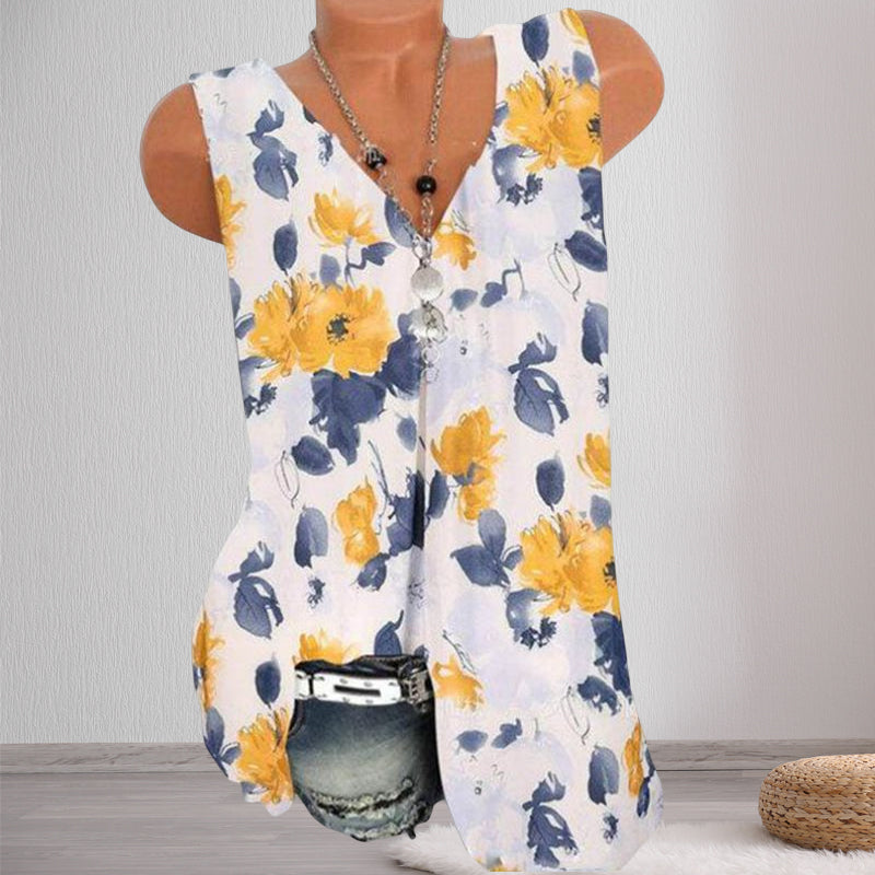 Loose Floral Print V-Neck Tank Top T-Shirt