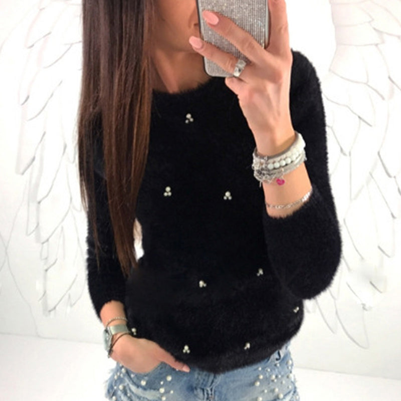 Plush Beaded Long Sleeve Sweater