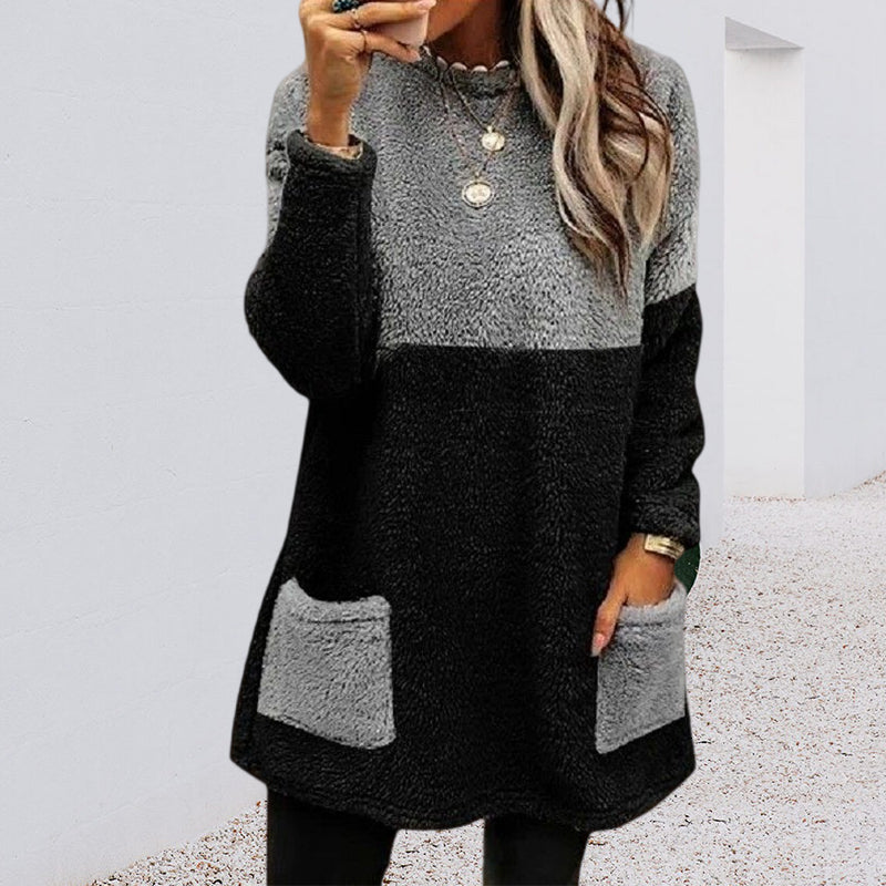 Round Neck Panels Pockets Long Sleeves Suede Sweatshirt