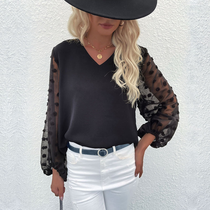 V-neck Long-sleeved Lace Chiffon Shirt