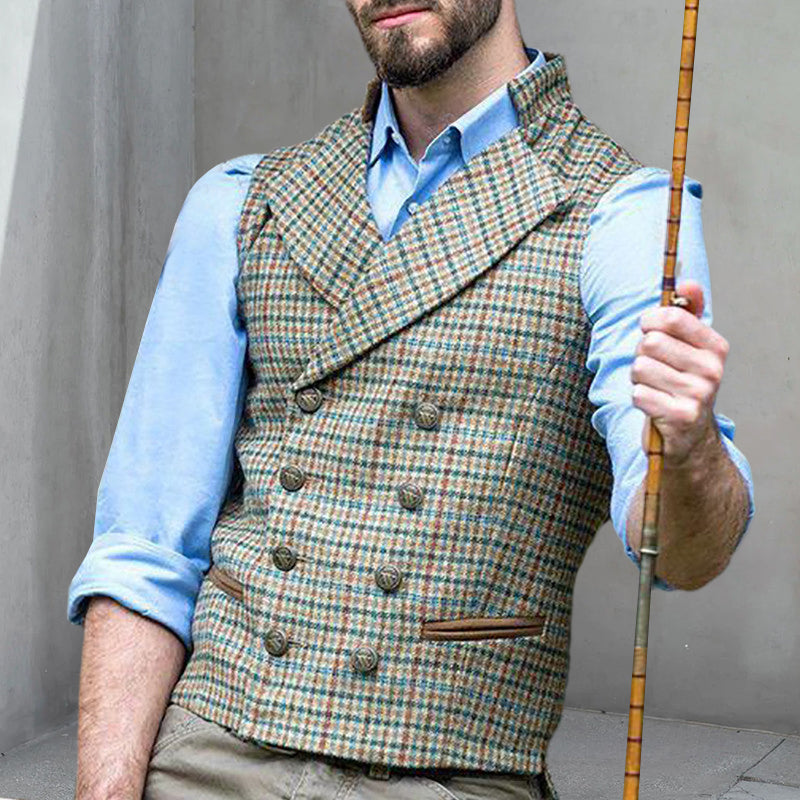Check Double-Breasted Suit Collar Slim Cargo Vest