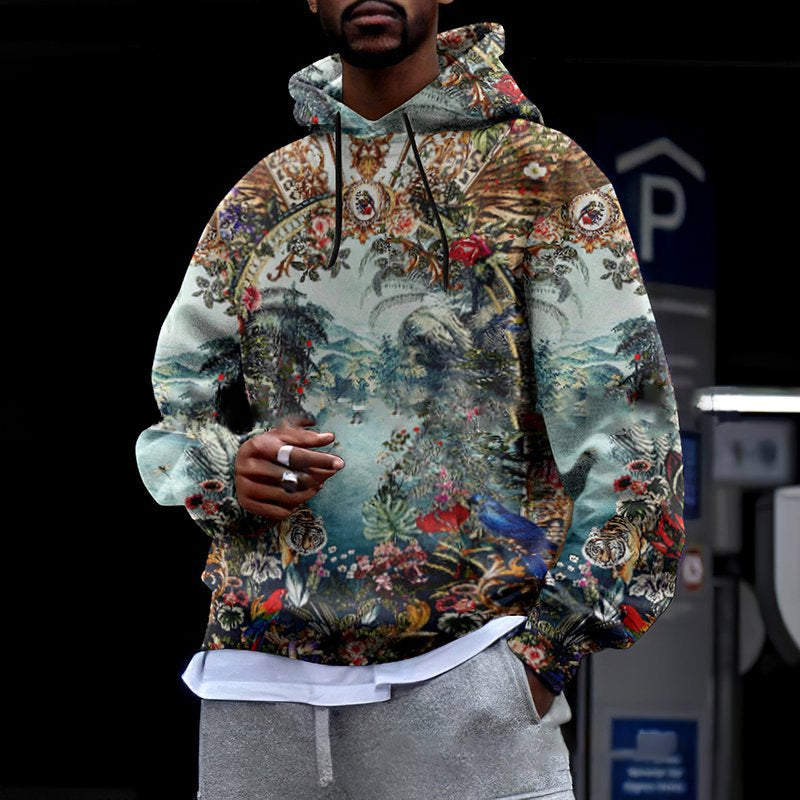 Round Neck Botanical Print Hoodie Sweatshirt