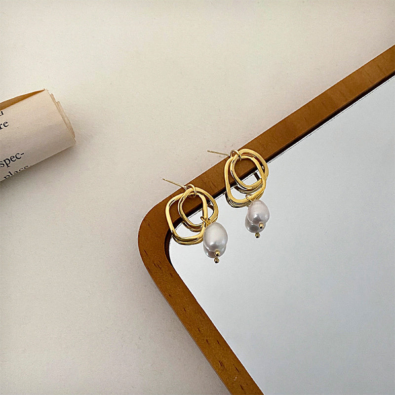 Hammered Double Circle Pearl Earrings