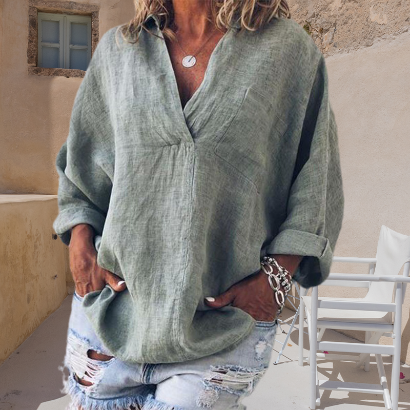 Oversized Loose Long Sleeve V-Neck Linen Shirt