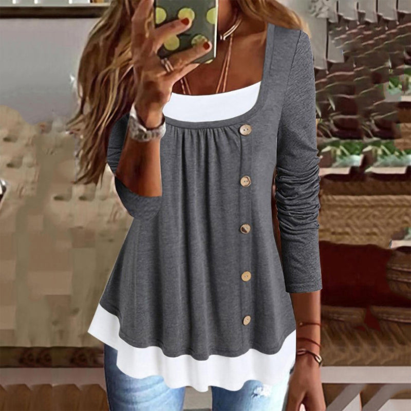 Round Neck Long Sleeve Color Block Button T-Shirt