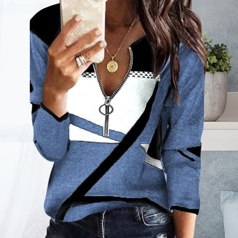 Women's Colorblock V-Neck Zip-Up Casual Sweatshirt
