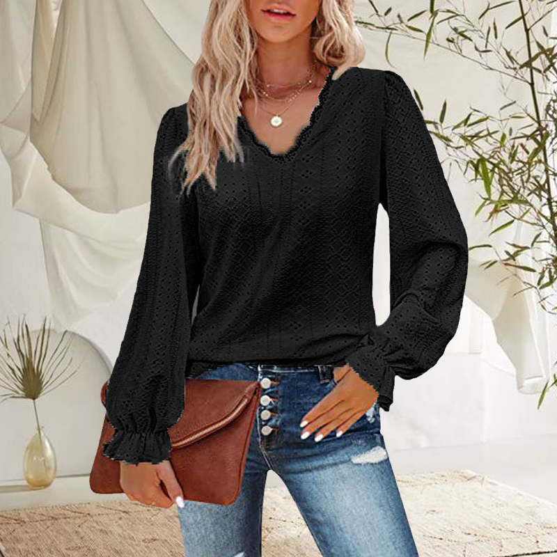 Women's V-Neck Cutout Casual Pleated Sleeve Top Shirt