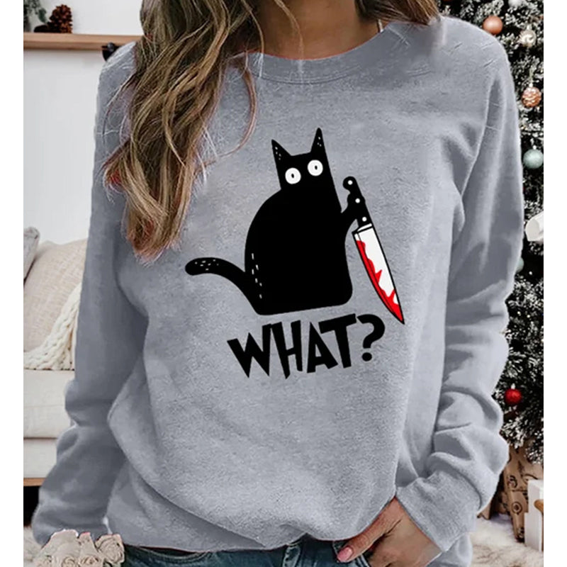 Halloween Fun Print Black Cat Sweatshirt