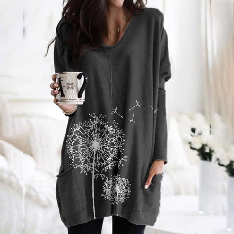 Women's Round Neck Printing Long-sleeved Top Sweater