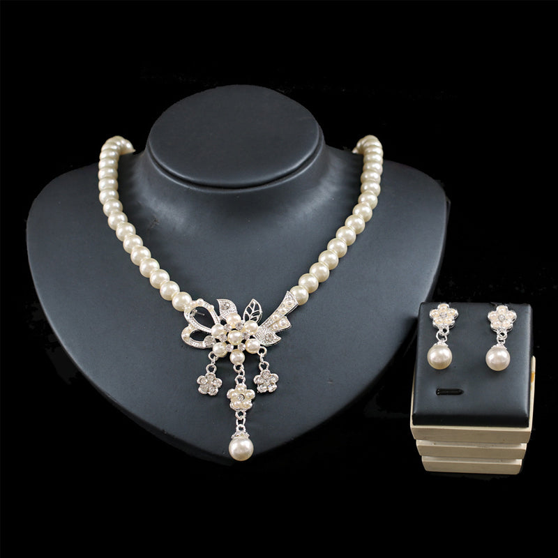 Crystal Diamond Pearl Necklace and Earring Set