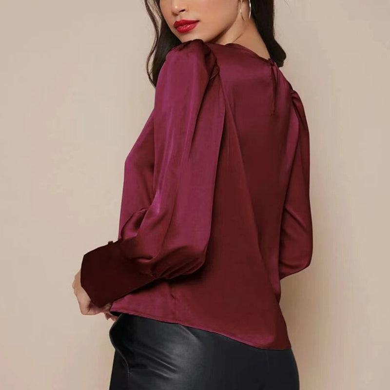Crew Neck Button-Up Satin Shirt