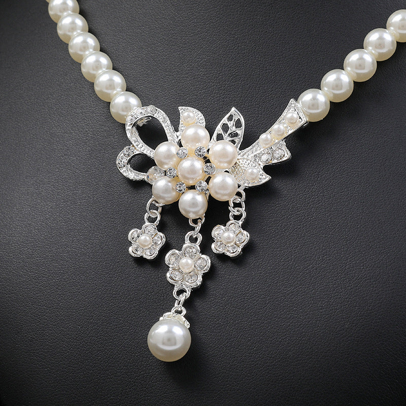 Crystal Diamond Pearl Necklace And Earring Set