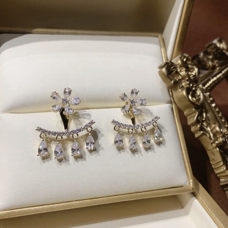 Flower Zircon Tassel Stud Earrings