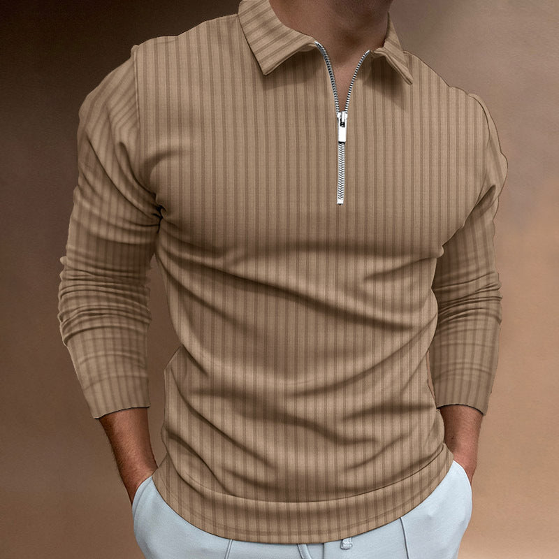 Polo Shirt Zipper Stripe Long Sleeve Men's Polo Shirt